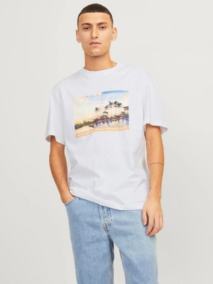 Jack & Jones O Yaka Baskılı Kısa Kollu Beyaz Erkek T-Shirt 12253679