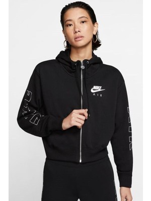 Nike Air Sportswear Fleece Cropped Loose Fit Full Zip Hoodie Kapüşonlu Bol Sweatshirt Siyah