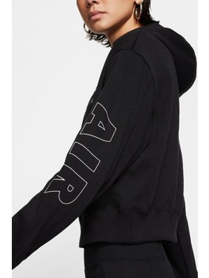 Nike Air Sportswear Fleece Cropped Loose Fit Full Zip Hoodie Kapüşonlu Bol Sweatshirt Siyah