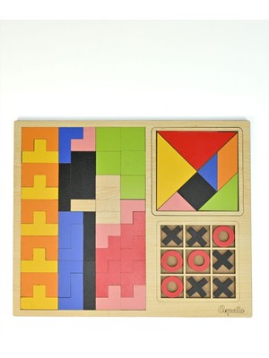 Capella Wood Works 3'lü Oyun Seti Tetris Tangram Xox Eğitici Ahşap Oyuncak