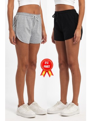 Mmetalic Kadın Yırtmaçlı Penye Kumaş Regular Fit Siyah-Gri Kısa Mini Günlük Şort