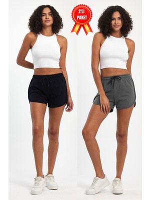 Mmetalic Kadın Yırtmaçlı Penye Kumaş Regular Fit Siyah-Gri Kısa Mini Günlük Şort