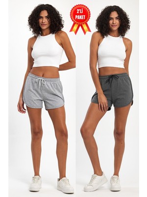 Mmetalic Kadın Yırtmaçlı Penye Kumaş Regular Fit Siyah-Gri Kısa Mini Günlük Şort