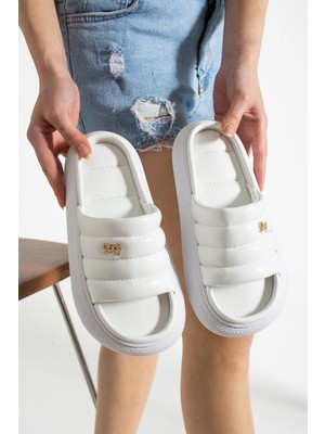 Modafrato Lotus Kadın Terlik Suni Deri Dış Mekan ve Ev Kullanımı İçin Beyaz Havuz Deniz Terliği