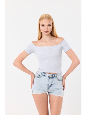 HMY Omzu Açık Kısa Kollu Crop T-Shirt