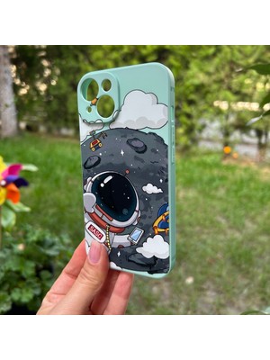 Bumudur Aksesuar iPhone 14 Aydaki Astronot Turkuaz Silikon Kılıf