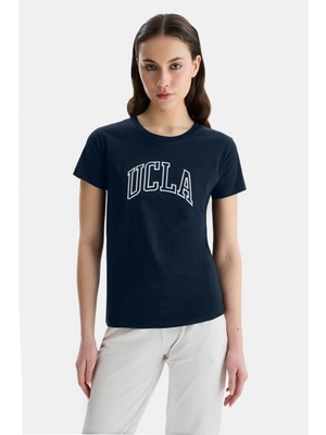 Ucla Angela Lacivert Bisiklet Yaka Nakışlı Standart Fit Kadın T-Shirt
