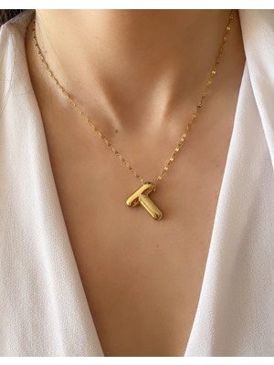 Sistorize T Harf Kolye Bombeli Harf Kolye Çelik Ezme Zincir Balon Harfli Kolye Gold
