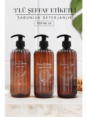Kitchen Life 3'lü Amber Sıvı Sabun Bulaşık Deterjanı Çamaşır Suyu Etiketli Amber Şişe 500 ml