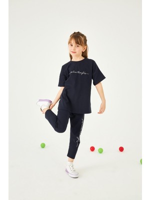 Perendi Positive Baskılı Basic Kız Çocuk Taytlı Takım Lacivert