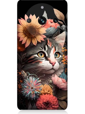 Teknomeg Realme 11 Pro Plus Uyumlu Çiçekler ve Kül Gri Kedi Desenli Silikon Kılıf