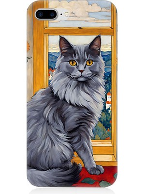 Teknomeg Apple Iphone 7 Plus Uyumlu Kül Rengi Tüylü Kedi Desenli Silikon Kılıf