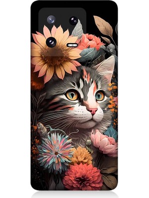 Teknomeg Xiaomi Mi 13 Uyumlu Çiçekler ve Kül Gri Kedi Desenli Silikon Kılıf