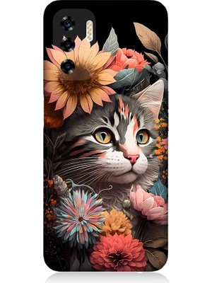 Teknomeg Reeder P13 Blue 2022 Uyumlu Çiçekler ve Kül Gri Kedi Desenli Silikon Kılıf