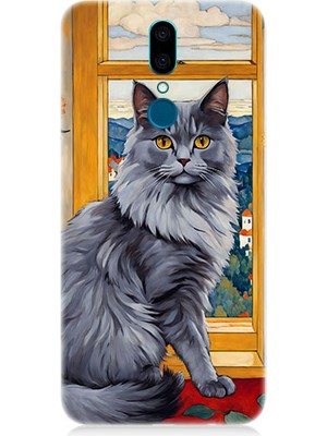 Teknomeg Vestel Venus V7 Uyumlu Kül Rengi Tüylü Kedi Desenli Silikon Kılıf