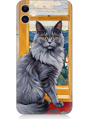 Teknomeg Apple Iphone 12 Uyumlu Kül Rengi Tüylü Kedi Desenli Silikon Kılıf