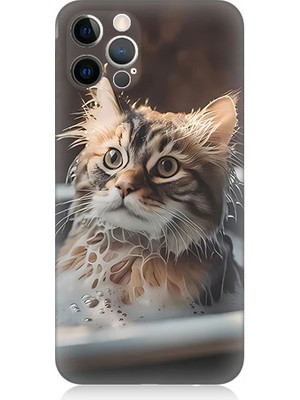 Teknomeg Apple Iphone 12 Pro Uyumlu Banyo Yapan Kedi Desenli Silikon Kılıf