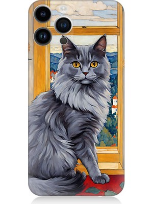 Teknomeg Apple Iphone 13 Pro Uyumlu Kül Rengi Tüylü Kedi Desenli Silikon Kılıf