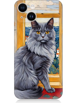 Teknomeg Apple İPHONE14 Plus Uyumlu Kül Rengi Tüylü Kedi Desenli Silikon Kılıf