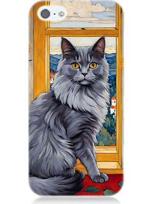 Teknomeg Apple Iphone 5 Uyumlu Kül Rengi Tüylü Kedi Desenli Silikon Kılıf