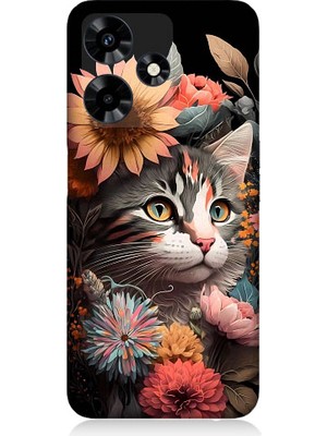 Teknomeg Infinix Hot 30 Uyumlu Çiçekler ve Kül Gri Kedi Desenli Silikon Kılıf