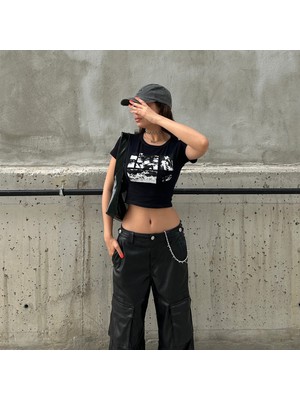 Köstebek Siyah Harajuku Fashion Horror Collage Kısa Kollu Crop