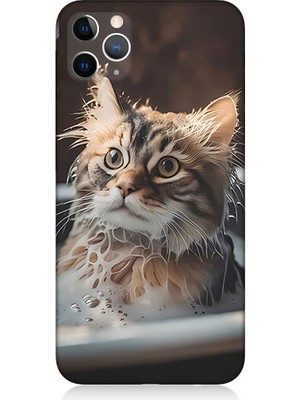 Teknomeg Apple Iphone 11 Pro Max Uyumlu Banyo Yapan Kedi Desenli Silikon Kılıf