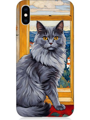 Teknomeg Apple Iphone X/xs Uyumlu Kül Rengi Tüylü Kedi Desenli Silikon Kılıf