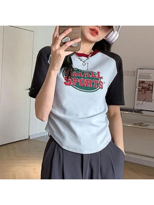 Köstebek Gri Small Sports Siyah Raglan Kısa Kollu Crop