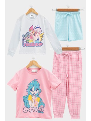 For You Kids 4'lü Winx Baskılı Tshirt Şort Pantolon Beyaz Takım