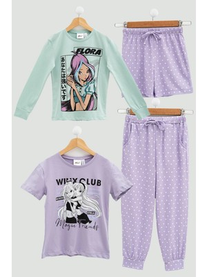 For You Kids 4'lü Winx Baskılı Tshirt Şort Pantolon Lila Takım