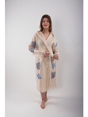 Reina Teks Peştemal Bornoz Pareo Pamuklu Plaj Mercan Hayat Ağacı Desenli 1 Adet Unisex Beachwear Kimono Kaftan