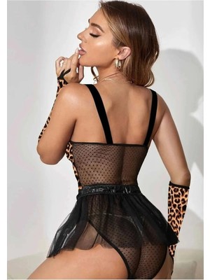 Sialess Lingerie Kadın Yeni Model Siyah Leopar Desen Elbise Fantazi Gecelik K-8122