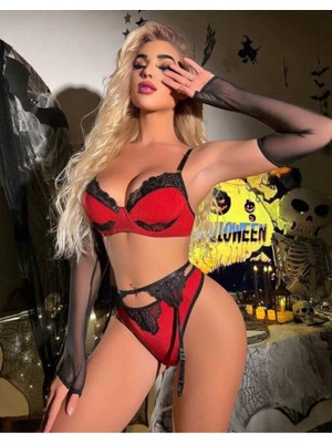 Sialess Lingerie Kadın Kırmızı  Dantel Detaylı Jartiyer Takım JC-2108