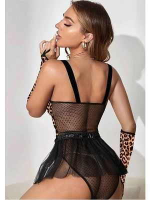 Sialess Lingerie Yeni Model Leopar Korseli Tül Etek Fantazi Kostüm K-8122