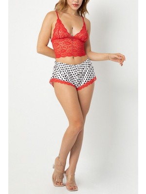 Sialess Lingerie Kırmızı Puantiyeli Özel  Fantazi Şort Gecelik Takım G-5022