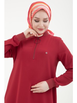 Armine Trend Ribanalı Fermuarlı Krep Kumaşlı Tunik Bordo 24YT436