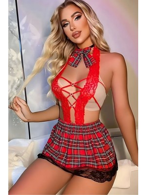 Sialess Lingerie Kadın Ekose Pileli Etek Kravatlı Dantel Fantazi Kostümü K-8140