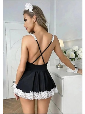 Sialess Lingerie  Fantazi Hizmetçi Kostümü Fantazi Kostüm Siyah Gece Kostümü K-8121