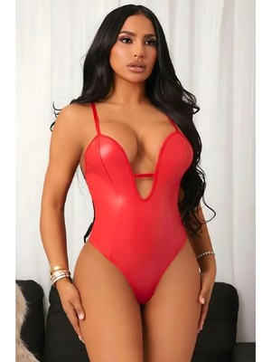 Sialess Lingerie Kırmızı Lame Deri  Yılbaşı Babydoll D-7009