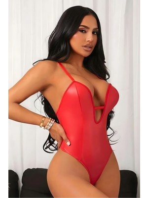 Sialess Lingerie Kırmızı Lame Deri  Yılbaşı Babydoll D-7009