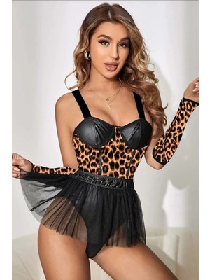 Sialess Lingerie Kadın Siyah Leopar Desen Lame Deri Fantazi Kostüm Kolluk Takım Gecelik Elbise K-8122