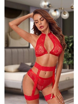 Sialess Lingerie Kırmızı Fantazi Bacak Bantlı Jartiyer Takım J-3105