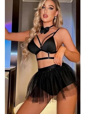 Sialess Lingerie Kadın Siyah  Papyonlu Costplay Clup Party Fantazi Püsküllü Elbise Takım Gecelik K-8108