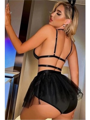 Sialess Lingerie Kadın Siyah  Papyonlu Costplay Clup Party Fantazi Püsküllü Elbise Takım Gecelik K-8108