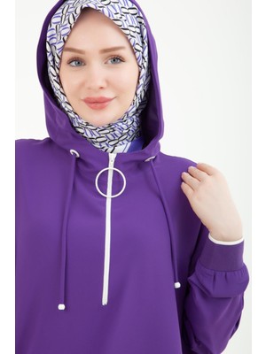 Armine Trend Kolları Ribanalı Kapüşonlu Yarım Fermuarlı Tunik Mor 24YT461