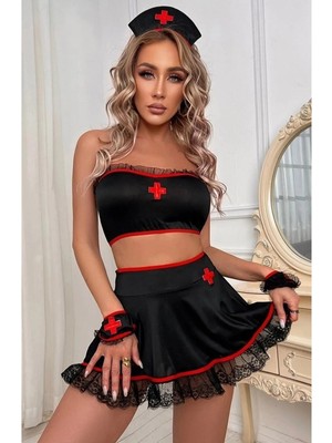 Sialess Lingerie Kadın Siyah Crop Etek Hemşire Fantazi Kostüm Gecelik K-8162