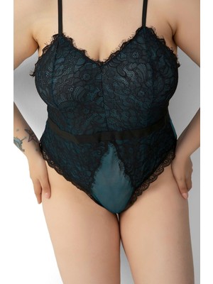 Sialess Lingerie Büyük Beden  Babydoll Gecelik Dantel Yeşil Tül Detaylı M-9403