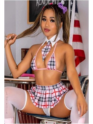 Sialess Lingerie Kadın Pembe Fantazi Ekose Kostüm Ekose Baskılı Etekli Fantazi Kostüm K-8114