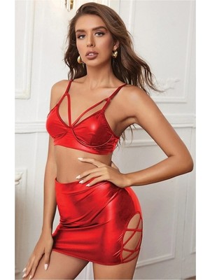 Sialess Lingerie Kırmızı Lame Deri Fantazi Etekli Büstiyer Şık Fantazi Kostümü D-7012